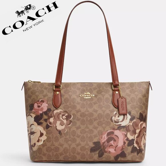 🌸 Coach Gallery Tote Bag In Signature Canvas With Rose Print